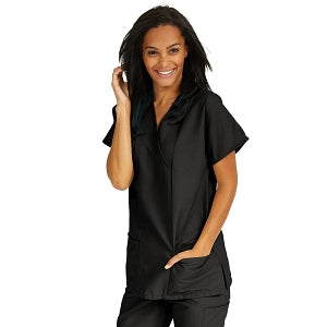 Medline ComfortEase Women's Crossover Tunic Scrub Top with Two Pockets - ComfortEase Women's Short-Sleeve Crossover Tunic Scrub Top with 2 Pockets, Size S, Black - 8851DKWS