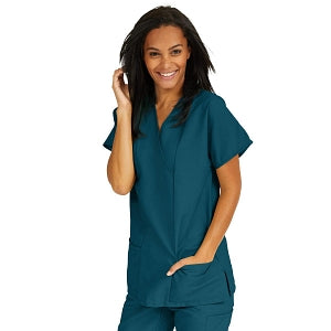 Medline ComfortEase Women's Crossover Tunic Scrub Top with Two Pockets - ComfortEase Women's Short-Sleeve Crossover Tunic Scrub Top with 2 Pockets, Size L, Caribbean Blue - 8851JCBL