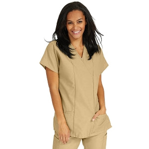 Medline ComfortEase Women's Crossover Tunic Scrub Top with Two Pockets - ComfortEase Women's Short-Sleeve Crossover Tunic Scrub Top with 2 Pockets, Size M, Khaki - 8851JKKM