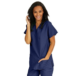Medline ComfortEase Women's Crossover Tunic Scrub Top with Two Pockets - ComfortEase Women's Short-Sleeve Crossover Tunic Scrub Top with 2 Pockets, Size L, Midnight Blue - 8851JNTL