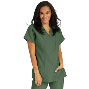 Medline ComfortEase Women's Crossover Tunic Scrub Top with Two Pockets - ComfortEase Women's Short-Sleeve Crossover Tunic Scrub Top with 2 Pockets, Size 2XL, Olive - 8851OLVXXL