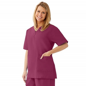 Medline AngelStat Women's V-Neck Tunic Scrub Top with 2 Pockets - AngelStat Women's V-Neck Short-Sleeve Tunic Scrub Top with 2 Pockets, Size L, Raspberry - 893NTRL