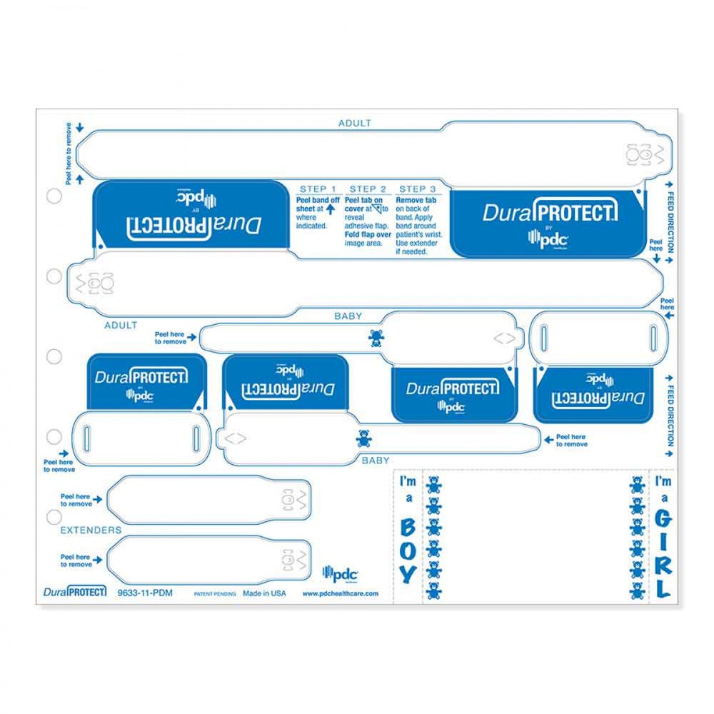 Laminate Shield Laser Wristband 2 Adults Bands, 2 Infant Bands 1 Crib Tag 500 Sheets/Case; 8.5" X 11"