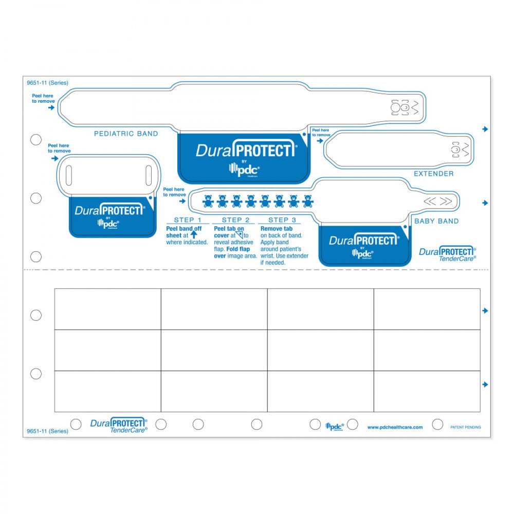 Laminate Shield Laser Wristband Infant And Pediatric Wristbands, One Tag, One Extender, And Labels Tamper Evident 12 Labels Per Sheet: 2.5" X 1" 1000 Sheets/Case: 8.5" X 11"