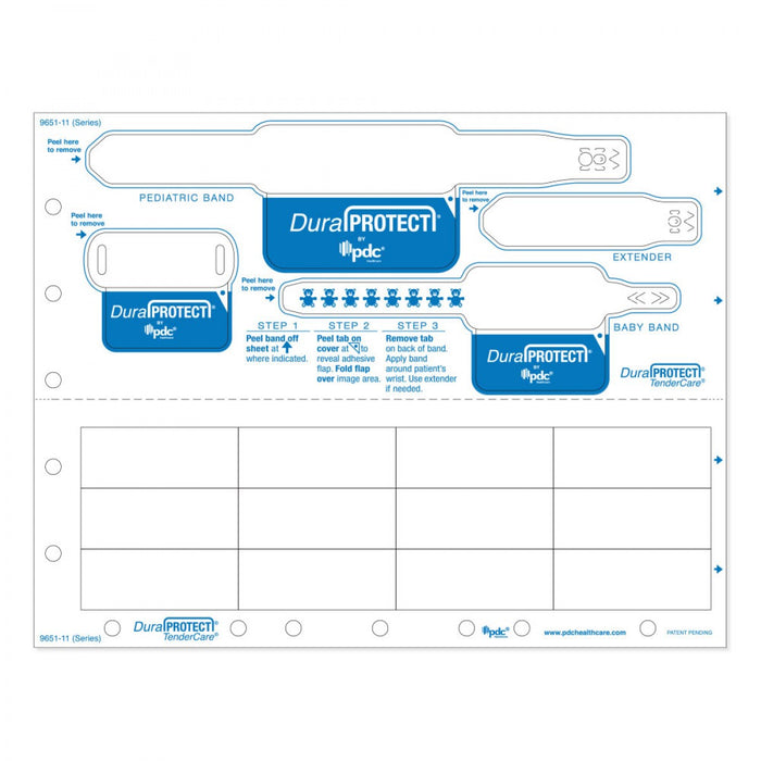 Laminate Shield Laser Wristband Infant And Pediatric Wristbands, One Tag, One Extender, And Labels Tamper Evident 12 Labels Per Sheet: 2.5" X 1" 1000 Sheets/Case: 8.5" X 11"
