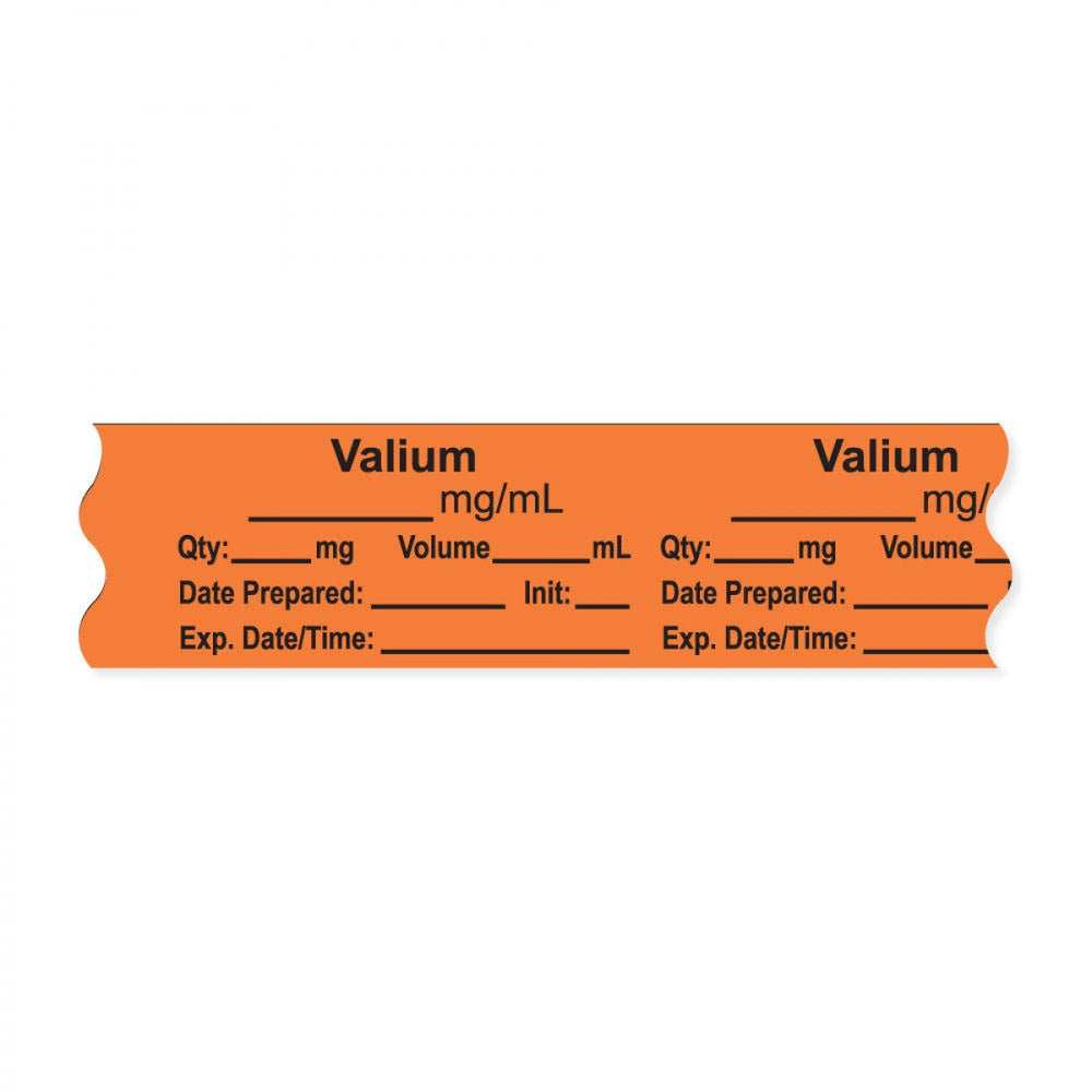 Anesthesia Tape, With Experation Date, Time, And Initial, Removable, "Valium Mg/Ml", 1" Core, 3/4" X 500", Orange, 333 Imprints, 500 Inches Per Roll