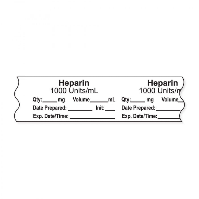 Anesthesia Tape, With Experation Date, Time, And Initial, Removable, "Heparin 1000 Units/Ml", 1" Core, 3/4" X 500", White, 333 Imprints, 500 Inches Per Roll