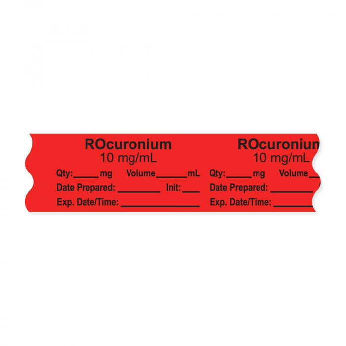 Anesthesia Tape, With Experation Date, Time, And Initial, Removable, "Rocuronium 10 Mg/Ml", 1" Core, 3/4" X 500", Fl. Red, 333 Imprints, 500 Inches Per Roll