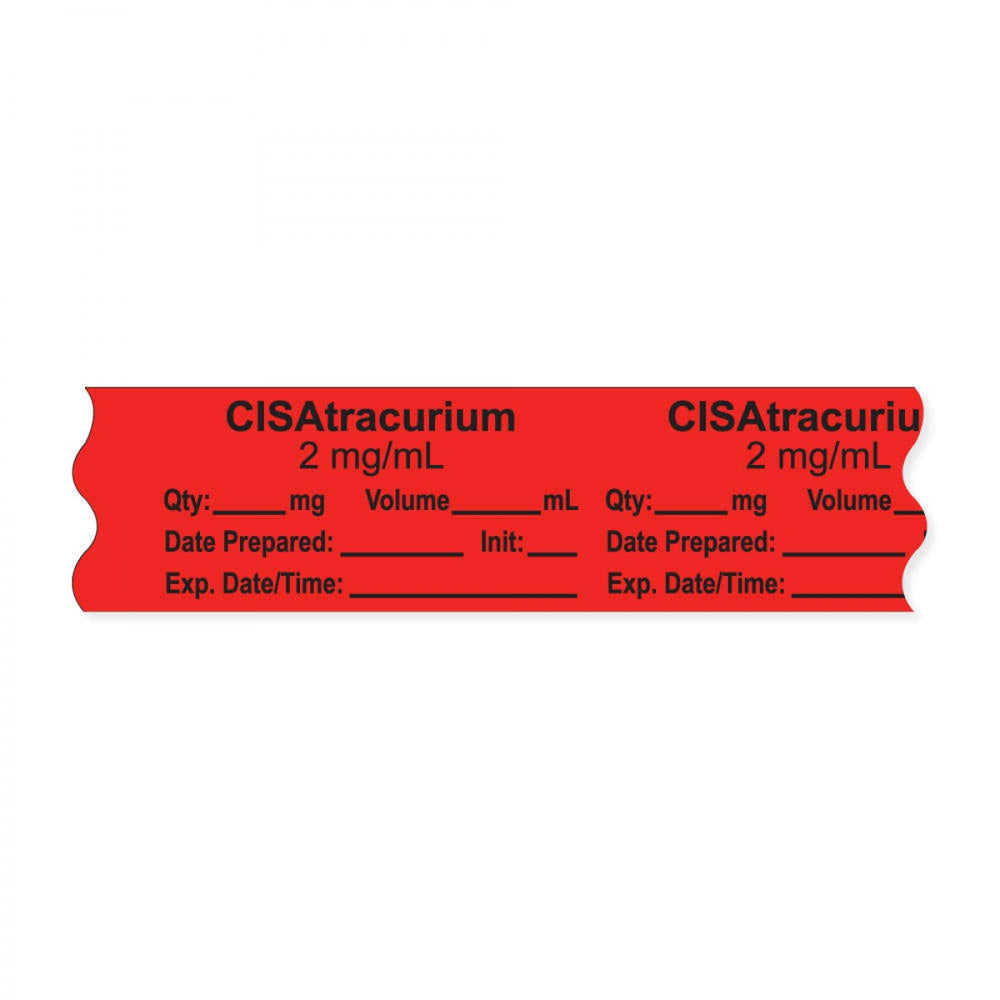Anesthesia Tape, With Experation Date, Time, And Initial, Removable, "Cisatracurium 2 Mg/Ml", 1" Core, 3/4" X 500", Fl. Red, 333 Imprints, 500 Inches Per Roll