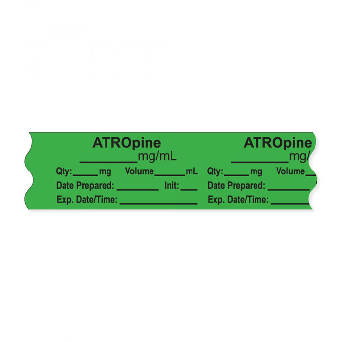 Anesthesia Tape, With Experation Date, Time, And Initial, Removable, "Atropine Mg/Ml", 1" Core, 3/4" X 500", Green, 333 Imprints, 500 Inches Per Roll