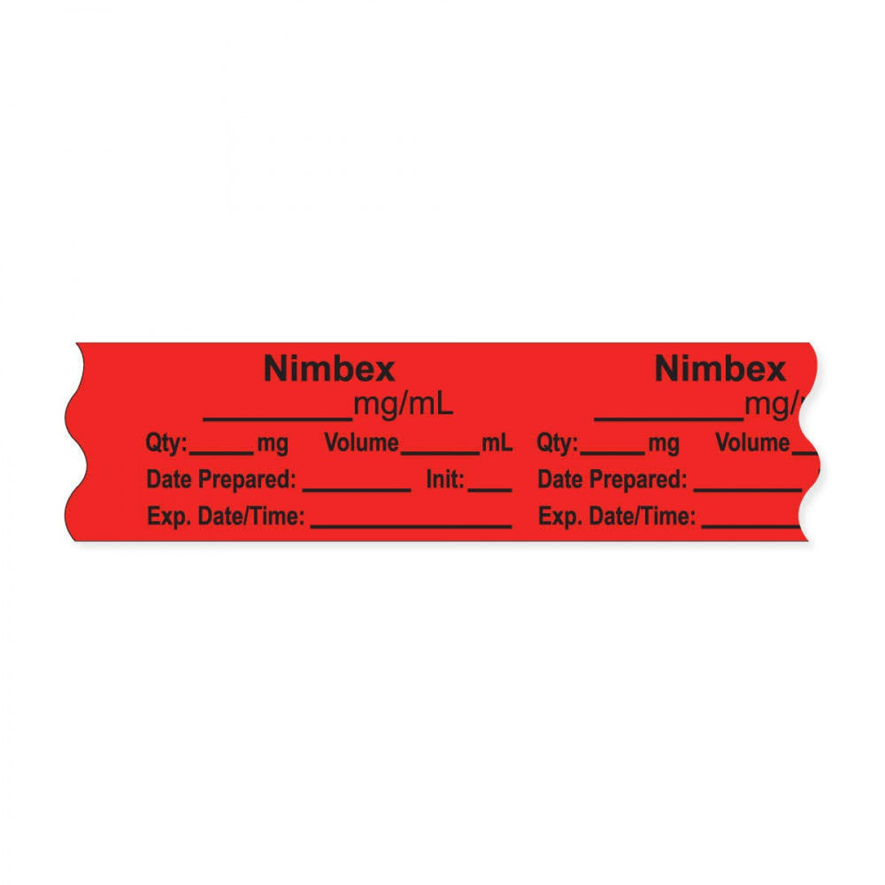 Anesthesia Tape, With Experation Date, Time, And Initial, Removable, "Nimbex Mg/Ml", 1" Core, 3/4" X 500", Fl. Red, 333 Imprints, 500 Inches Per Roll