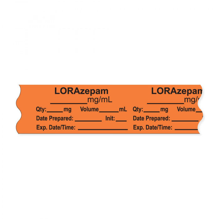 Anesthesia Tape, With Experation Date, Time, And Initial, Removable, "Lorazepam Mg/Ml", 1" Core, 3/4" X 500", Orange, 333 Imprints, 500 Inches Per Roll