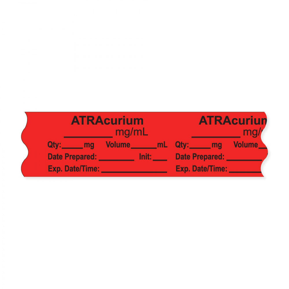 Anesthesia Tape, With Experation Date, Time, And Initial, Removable, "Atracurium Mg/Ml", 1" Core, 3/4" X 500", Fl. Red, 333 Imprints, 500 Inches Per Roll