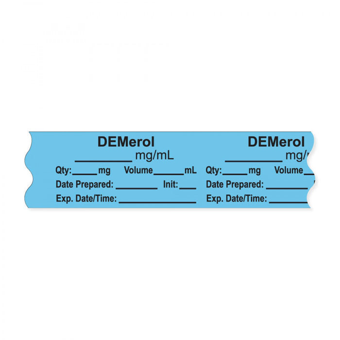 Anesthesia Tape, With Experation Date, Time, And Initial, Removable, "Demerol Mg/Ml", 1" Core, 3/4" X 500", Blue, 333 Imprints, 500 Inches Per Roll