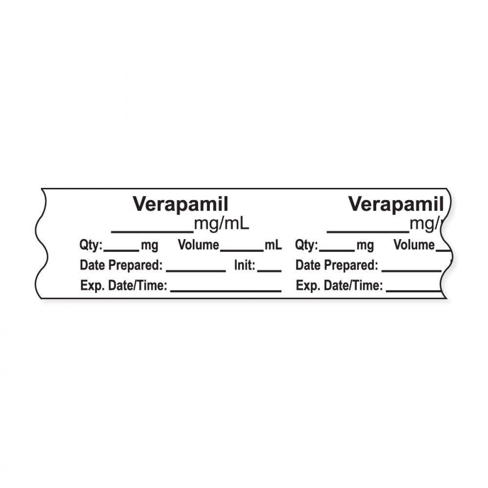 Anesthesia Tape, With Experation Date, Time, And Initial, Removable, "Verapamil Mg/Ml", 1" Core, 3/4" X 500", White, 333 Imprints, 500 Inches Per Roll