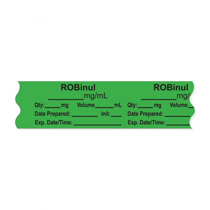 Anesthesia Tape, With Experation Date, Time, And Initial, Removable, "Robinul Mg/Ml", 1" Core, 3/4" X 500", Green, 333 Imprints, 500 Inches Per Roll