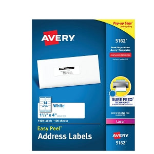 Avery-Dennison Easy-Peel White Address Labels - Easy Peel Mailing Address Labels, Laser, 1-1/3" x 4", White, 14 Labels / Sheet - 5162