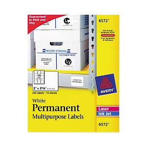 Avery Removable Labels - Permanent ID Labels, Inkjet / Laser, 2" x 2 5/8", White - 6572