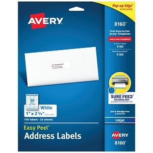 Avery-Dennison Easy-Peel White Address Labels - Easy Peel Mailing Address Labels, Inkjet, 1" x 2-5/8", White, 30 Labels / Sheet - 8160
