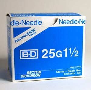 BD Regular Beveled Needle - Hypodermic Needle with Bevel and Regular Wall, 25 G x 1.5" - 305127