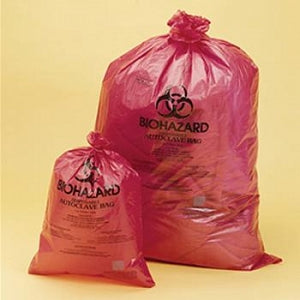 Bel-Art Disposable Biohazard Bags - Red Biohazard Disposal Bags with Warning Label / Sterilization Indicator, 1.5mil Thick, 5 to 9 Gal. Capacity, Polypropylene, Pack of 200 - F13164-1923