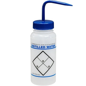 Bel-Art Two-Color Safety-Labeled Right-to-Know Wash Bottles - Bel-Art Safety-Labeled 2 to Color Distilled Water Wide-Mouth Wash Bottles, 500 mL (16 oz., Polyethylene with Blue Polypropylene Cap, Pack of 6 - F11646-0620