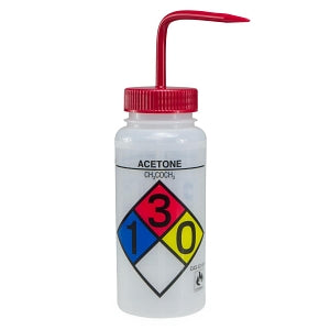 Bel-Art Four-Color Safety-Labeled Wide-Mouth Wash Bottles - Bel-Art Safety-Labeled 4 to Color Acetone Wide-Mouth Wash Bottles, 500 mL (16 oz.), Polyethylene with Red Polypropylene Cap, Pack of 4 - F11716-0001