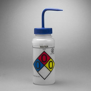 Bel-Art GHS-Labeled Safety-Vented LDPE Wash Bottles - Bel-Art GHS Labeled Safety-Vented Water Wash Bottles, 500 mL (16 oz.), Polyethylene with Blue Polypropylene Cap, Pack of 4 - F12416-0017