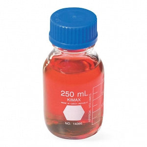 DWK Kimble Round Glass Media Bottles with Blue Screw Caps - GL 45 Media Storage Bottles, 250 mL Capacity, 50 mL to 200 mL Graduation Range - 14395-250