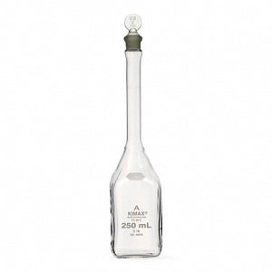 DWK Life Sciences Kimble Class A Square Volumetric Flask - KIMAX Class A Square Volumetric Flask with Standard Taper Glass Pennyhead Stopper, Calibrated To Contain, 100mL - 28040-100