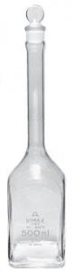 DWK Life Sciences Kimble Class A Square Volumetric Flask - KIMAX Class A Square Volumetric Flask with Standard Taper Glass Pennyhead Stopper, Calibrated To Contain, 500mL - 28040-500