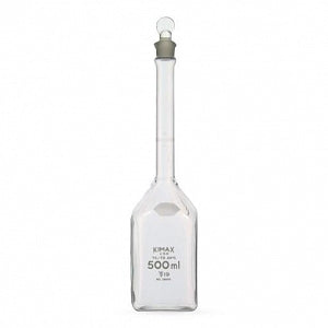 DWK Life Sciences Kimble Class A Square Volumetric Flask - KIMAX Class A Square Volumetric Flask with Standard Taper Glass Pennyhead Stopper, Calibrated To Contain & To Deliver, 500mL - 28046-500