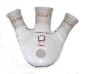 DWK Life Sciences Kimble Angled Three Neck RB Flask - Angled 3-Neck Round-Bottom Distilling Flask, 19/22 Center ST Joint, 14/20 Side ST Joint, 50mL - 295500-0050