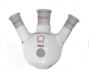 DWK Life Sciences Kimble Angled Three Neck RB Flask - Angled 3-Neck Round-Bottom Distilling Flask, 19/22 Center ST Joint, 14/20 Side ST Joint, 100mL - 295500-0100