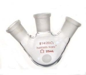 DWK Life Sciences Kimble Angled Three Neck RB Flask - Angled 3-Neck Round-Bottom Distilling Flask, 14/20 Center ST Joint, 14/20 Side ST Joint, 25mL - 295550-0025