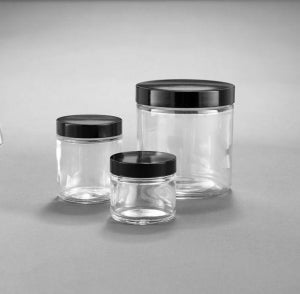 DWK Kimble Clear Glass Straight-Sided Small PackCap Attached - Straight-Sided Clear Glass Jar, Phenolic Cap with Polyethylene Liner, 2oz., Convenience Packs - 5410253V-22