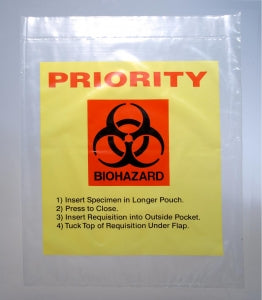 Elkay Reclosable Priority Specimen Transport Bag - Specimen Transfer Bag Printed with Priority and Biohazard Symbol, 3-Wall, 2 mil Thickness, 12 x 15 - LAB21215YT