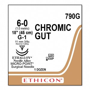 Ethicon Surgical Chromic Gut Sutures - SUTURE, 6/0 18 SUTURE, CHROMIC GUT, G-1, VA - 790G