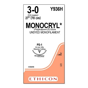Ethicon Monocryl Plus Undyed Poliglecaprone 25 Sutures - SUTURE, 3/0 27 MONOCRYL UND MONO, VA - Y936H