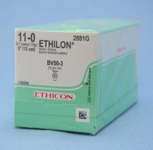 Ethicon Ethilon Taper Point Sutures - Ethilon Monofilament Suture, Black, 5", Size 11/0, BV50-3 Needle - 2881G