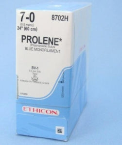 Ethicon Prolene Sutures with Hemo-Seal - PROLENE Polypropylene Monofilament Suture, Blue, Double-Armed, BV-1 Needle, Size 7-0, 24" - 8702H