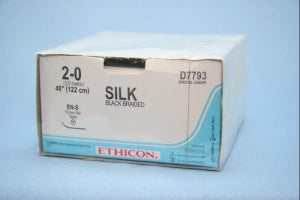 Ethicon Silk Sutures - Perma-Hand Black Braided Silk Suture with 19 mm Ski EN-S Taperpoint Needle, 48" Long, Size 2-0 - D7793