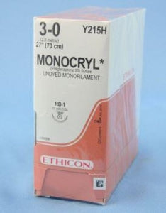 Ethicon Monocryl Absorbable Sutures - Monocryl Monofilament Suture, Undyed, 27", Size 3-0 - Y215H