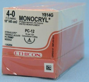 Ethicon Precision Cosmetic Monocryl Absorbable Sutures - Monocryl Monofilament Suture, Undyed, 18", Size 4-0 - Y814G