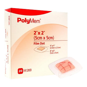 Ferris PolyMem Film Dot Adhesive Dressings - PolyMem Film Island-Style Adhesive Dressing, Square, 1" x 1" Pad, 2" x 2" Adhesive - 203