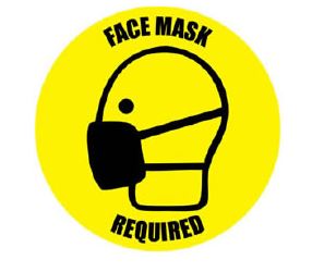 Ergomat COVID-19 Social Distancing Safety Signs and Strips - "Face Mask Required" Safety Sign, Round Yellow, 6" - DSV-SIGN 36-SD-B