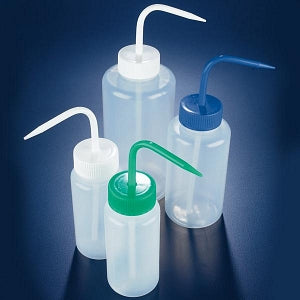 Globe Scientific LDPE Wide Mouth Plain Wash Bottles - LDPE Wide Mouth Plain Wash Bottle with Blue Screw Cap, 250 mL - WGW234P