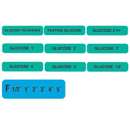 Glucose Tolerance Testing Labels GLUCOSE 4°" - Green with black text - 1.625"W x 0.375"H