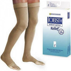 BSN Medical Relief Thigh-High Compression Stockings - Relief Compression Stockings, 20-30 mmHg, Open Toe, Thigh High, Beige, Size S Regular - 114200
