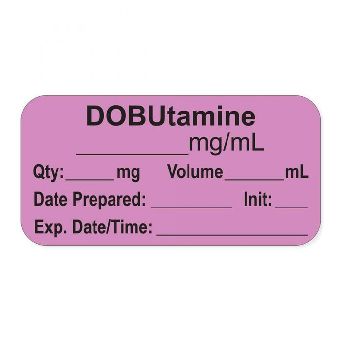 Anesthesia Label, With Experation Date, Time, And Initial, Paper, Permanent, "Dobutamine Mg/Ml", 1" Core, 1-1/2" X 3/4", Violet, 500 Per Roll